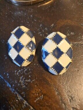 Vintage Navy Blue & White Enamel Harlequin Clip Earrings Gold Tone